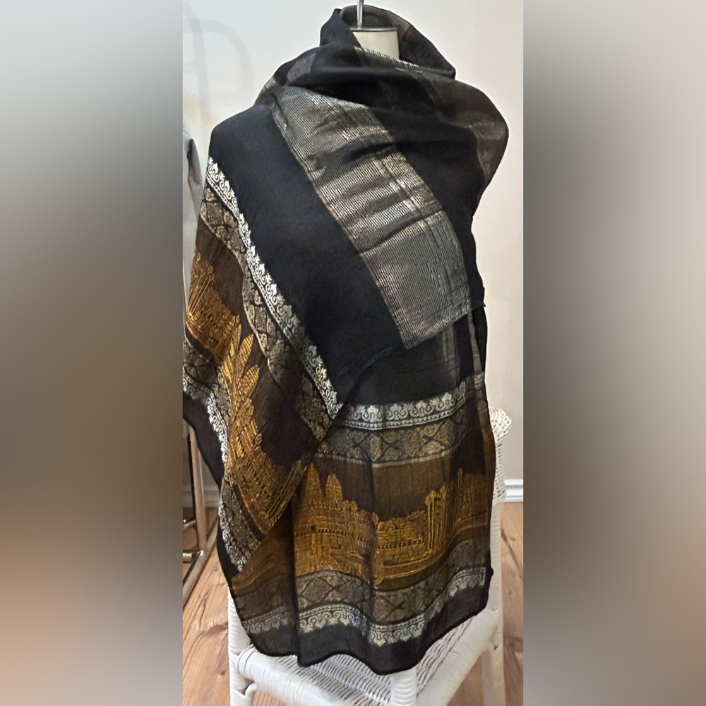 Long black Cambodia Silk Scarf